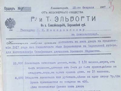 Ордер-замовлення АТ «Р. і Т. Ельворті» до М. Македонського