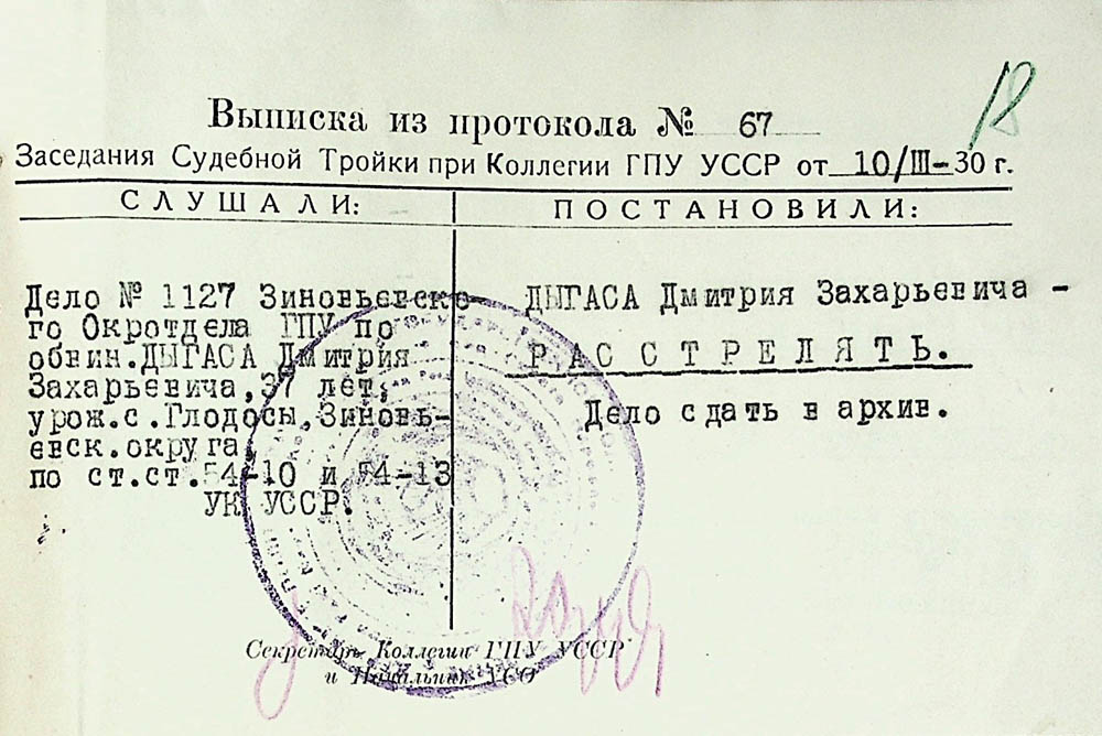 Витяг із протоколу засідання судової трійки при колегії ДПУ УСРР про розстріл Дигаса Дмитра Захаровича