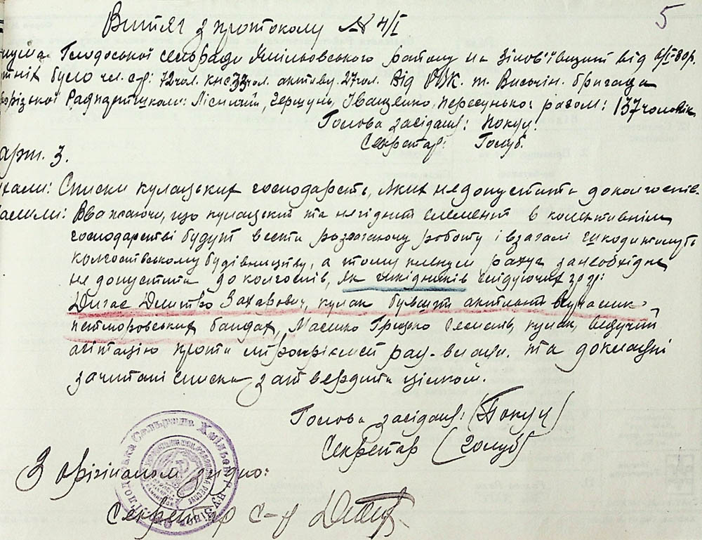 Витяг із протоколу засідання Глодоської сільради щодо недопущення куркуля Дигаса Дмитра Захаровича до колгоспу