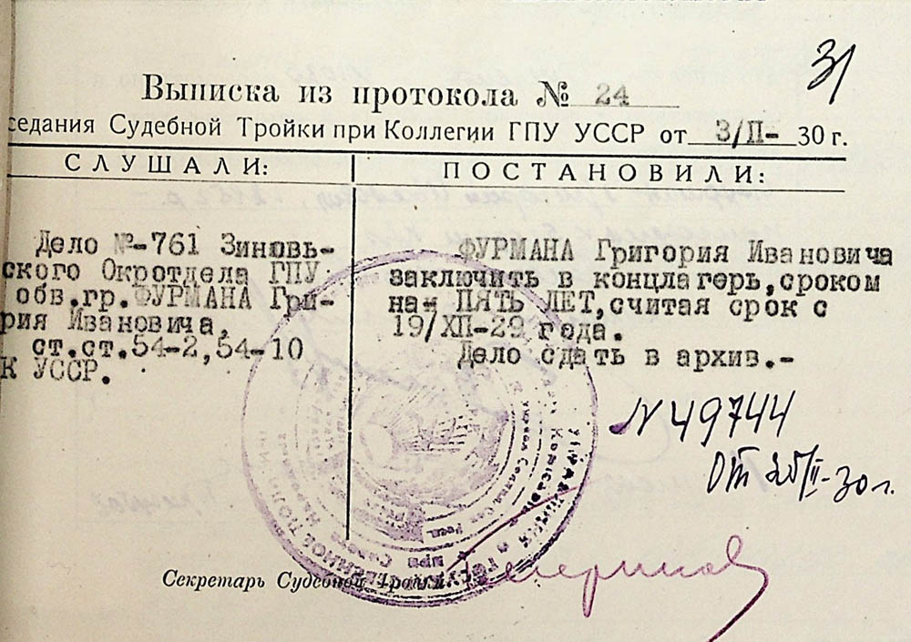 Витяг з протоколу засідання судової трійки при колегії ДПУ УРСР по справі Фурмана Григорія Івановича