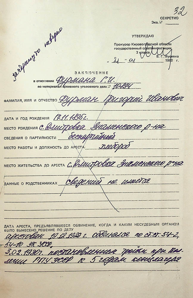 Висновок прокурора Кіровоградської області про реабілітацію Фурмана Григорія Івановича