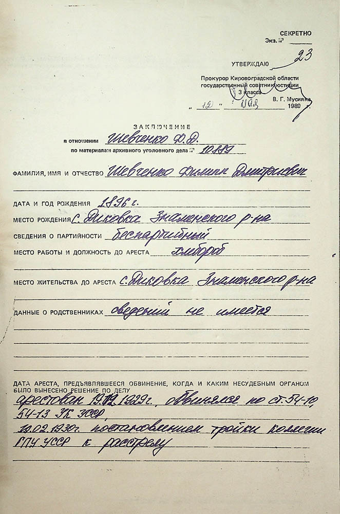 Висновок прокурора Кіровоградської області про реабілітацію Шевченка Пилипа Дмитровича