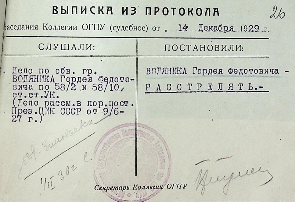 Витяг із протоколу засідання колегії ОДПУ щодо розстрілу Водяника Гордія Федотовича