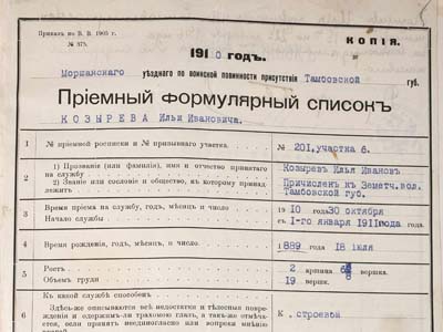 Формулярний список Іллі Козирєва для проходження екзамену в Єлисаветградському земському реальному училищі, 1910